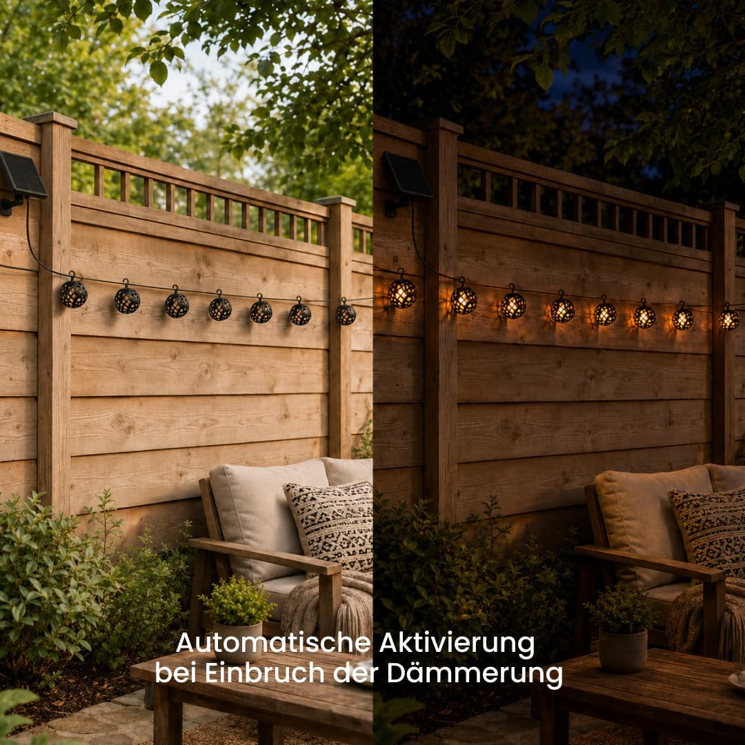 Star Trading Solar-Lichterkette mit Flammeneffekt, 8 Kugelleuchten, Schachbrettmuster, Solarpanel 20