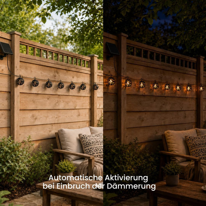 Star Trading Solar-Lichterkette mit Flammeneffekt, 8 Kugelleuchten, Schachbrettmuster, Solarpanel 20