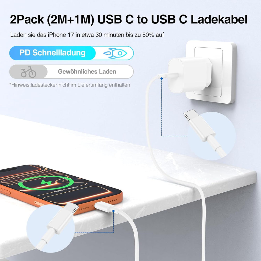2Pack USB C Ladegerät, 20W USBC Ladegerät mit 2M+1M USB C to USB C Ladekabel für Apple iPhone 17 16e