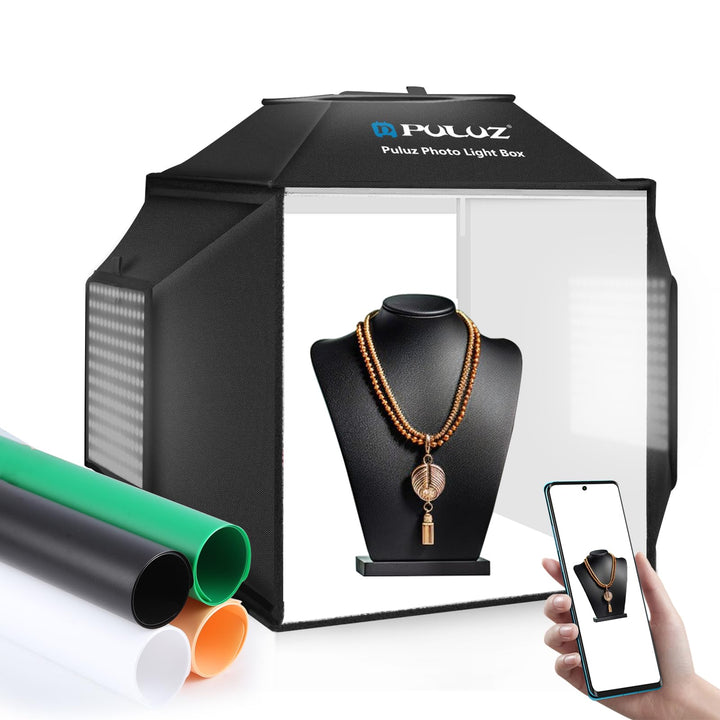 PULUZ 40 cm Fotobox Softbox 40x40cm Fotostudio Lichtzelt mit 5500K Beleuchtung & 4 Farben Hintergrün