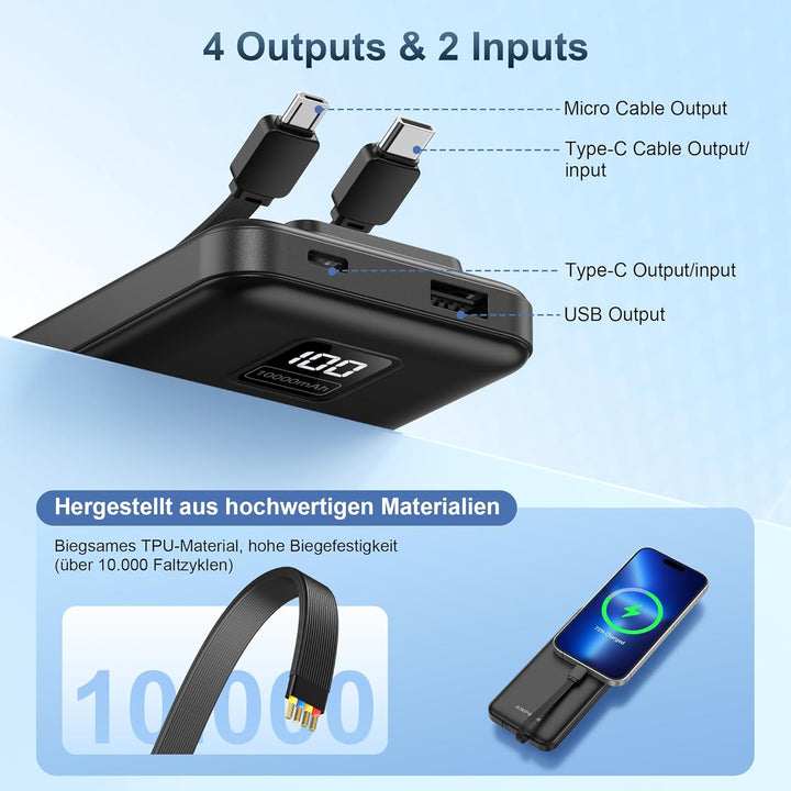 AsperX 2er Powerbank 10000mAh mit USB-C Kabel,4 Ausgängen Schnellladen,Power Bank Klein Aber Stark m