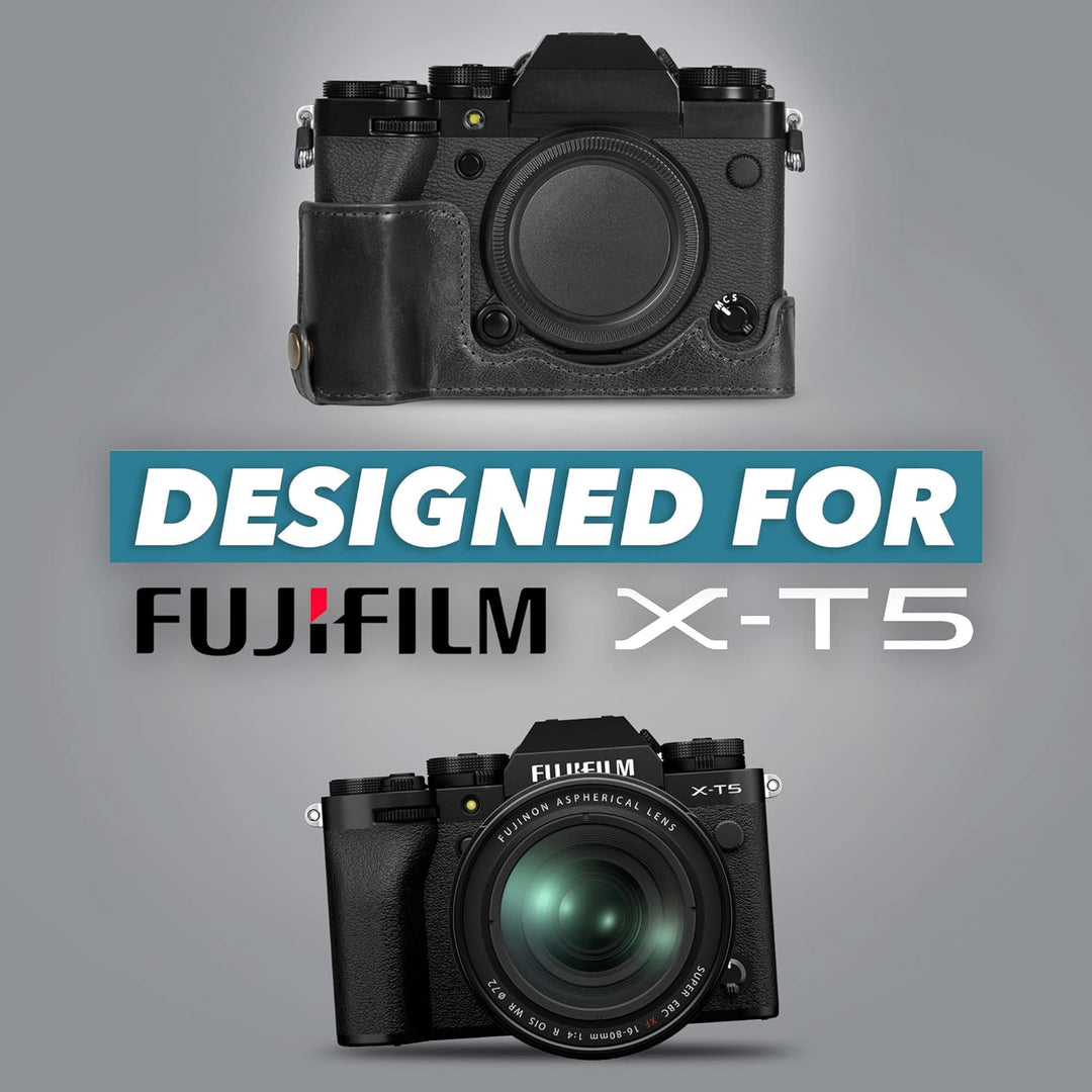 MegaGear Ever Ready Echtleder Halbkameratasche kompatibel mit Fujifilm X-T5 (Schwarz), Schwarz
