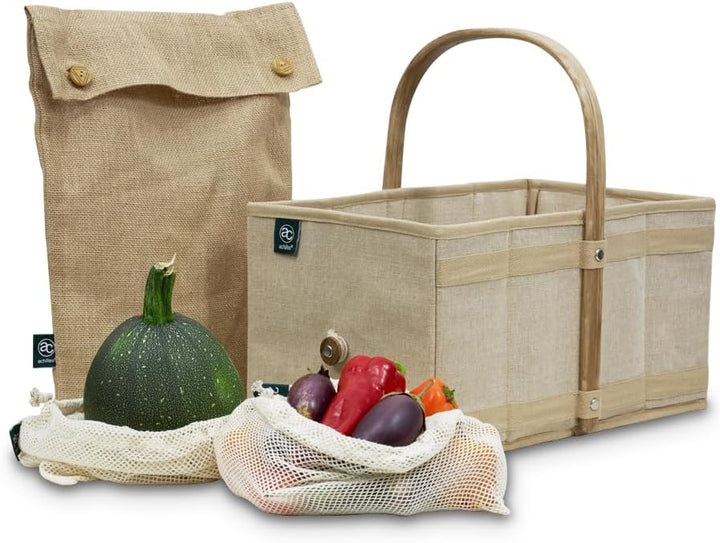 achilles Einkaufskorb aus Holz mit Obst- und Gemüsenetz, Klappbarer Korb, Picknick-Korb, Einkaufsbox