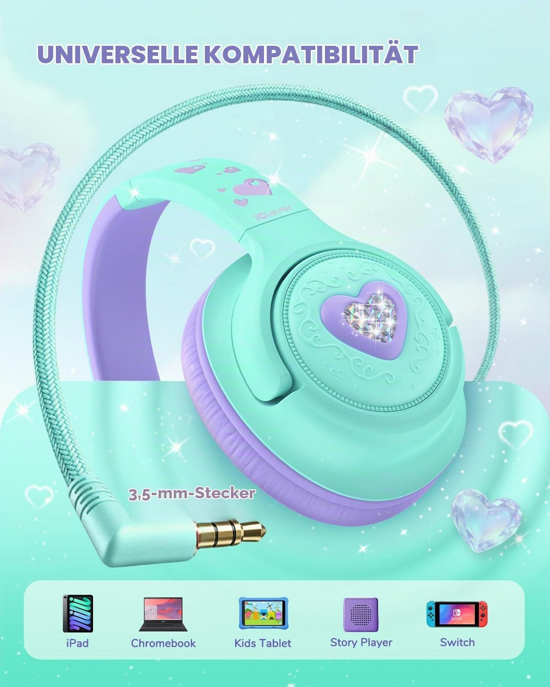 iClever kopfhörer Kinder,85 dBA Sicherer Klang,Faltbarer Over-Ear 3.5 mm kopfhörer Kinder mit Kabel,