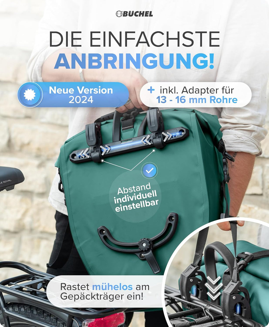 Büchel Fahrradtasche für Gepäckträger I 25.4 L - 100% Wasserdicht I mit Tragegriff und Schultergurt
