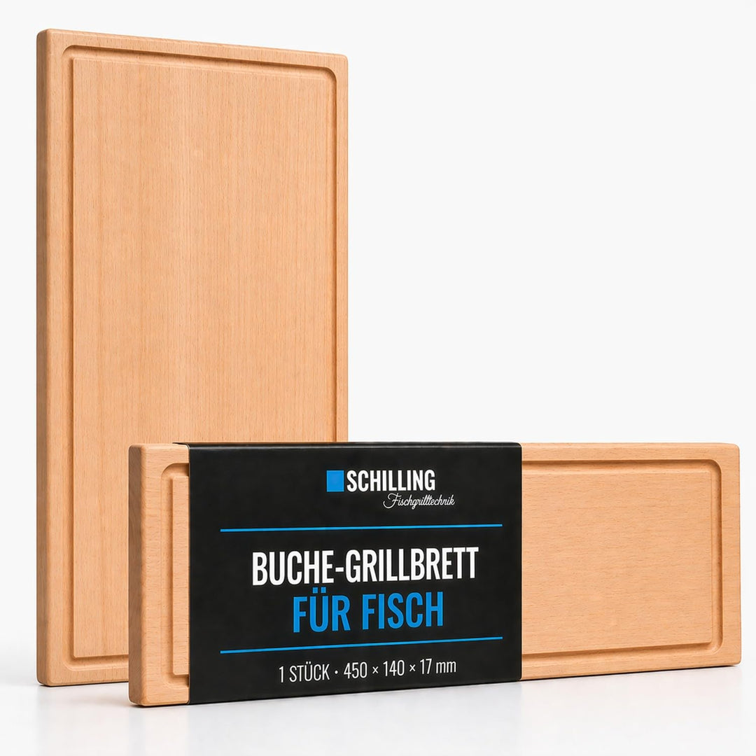 SCHILLING Fischgrilltechnik Grillbrett, Räucherbrett, 45x14x2 cm, Buche, Abtropfrinne, für jedes Gri