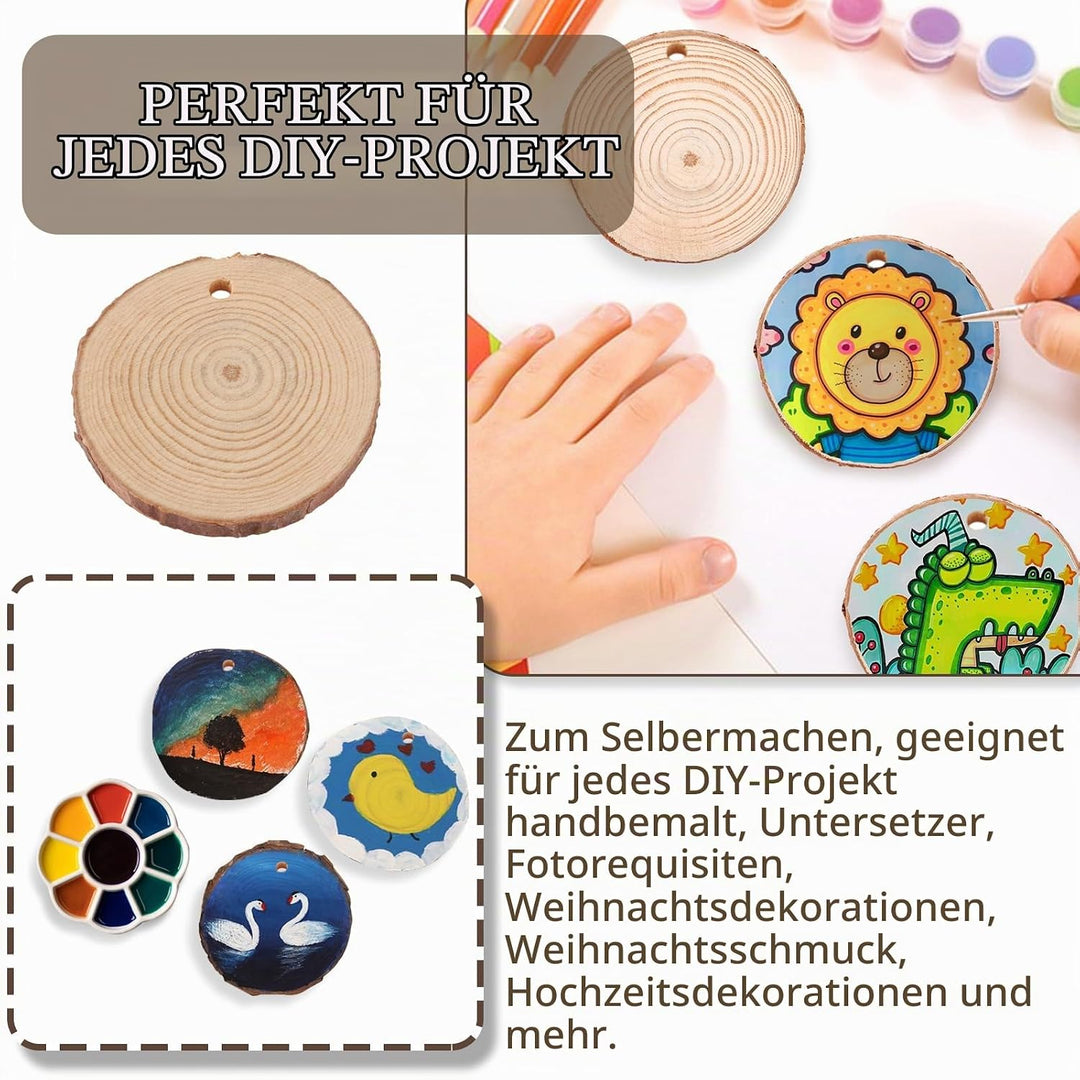 APACALI 100 Stück Holzscheiben 5CM, Holzscheiben zum Basteln mit Loch, Baumscheiben mit Rinde, Rund
