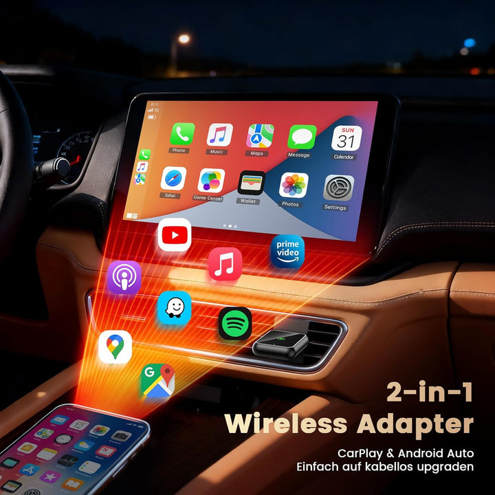 Mini 2 in 1 CarPlay Wireless Adapter, Android Auto Wireless Adapter, Plug & Play, USB-A/C, Schnelle
