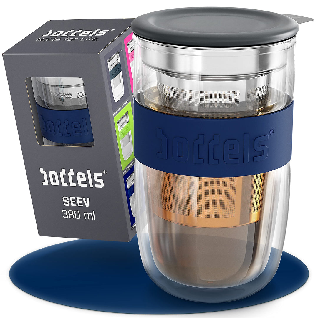 Glasbecher 380ml – Teebecher mit Sieb, Doppelwandig, Teetasse, Keramik-Deckel, Thermo-Glas Kaffeegla