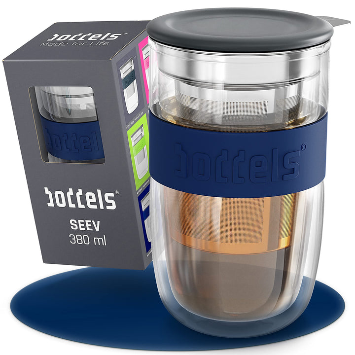 Glasbecher 380ml – Teebecher mit Sieb, Doppelwandig, Teetasse, Keramik-Deckel, Thermo-Glas Kaffeegla