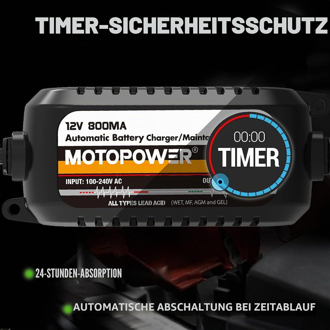 MOTOPOWER MP00205C 12V 800mA Automatisches Ladegerät/Maintainer für Autos, Motorräder, ATVs, Wohnmob