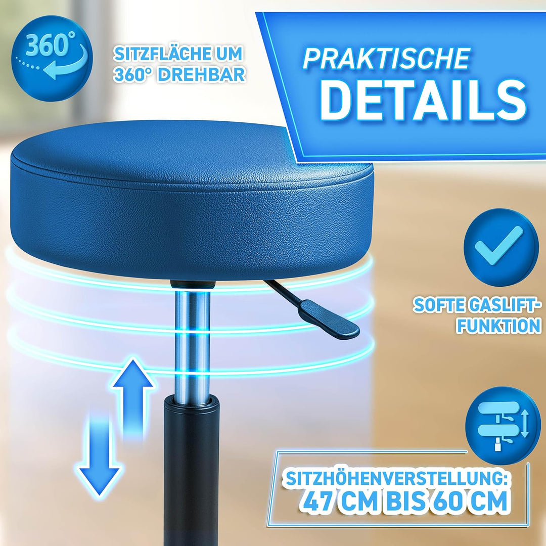 TRESKO® Rollhocker mit Lehne höhenverstellbar 10cm Dicke Polsterung Drehbar | Hocker 46-58cm | Arbei