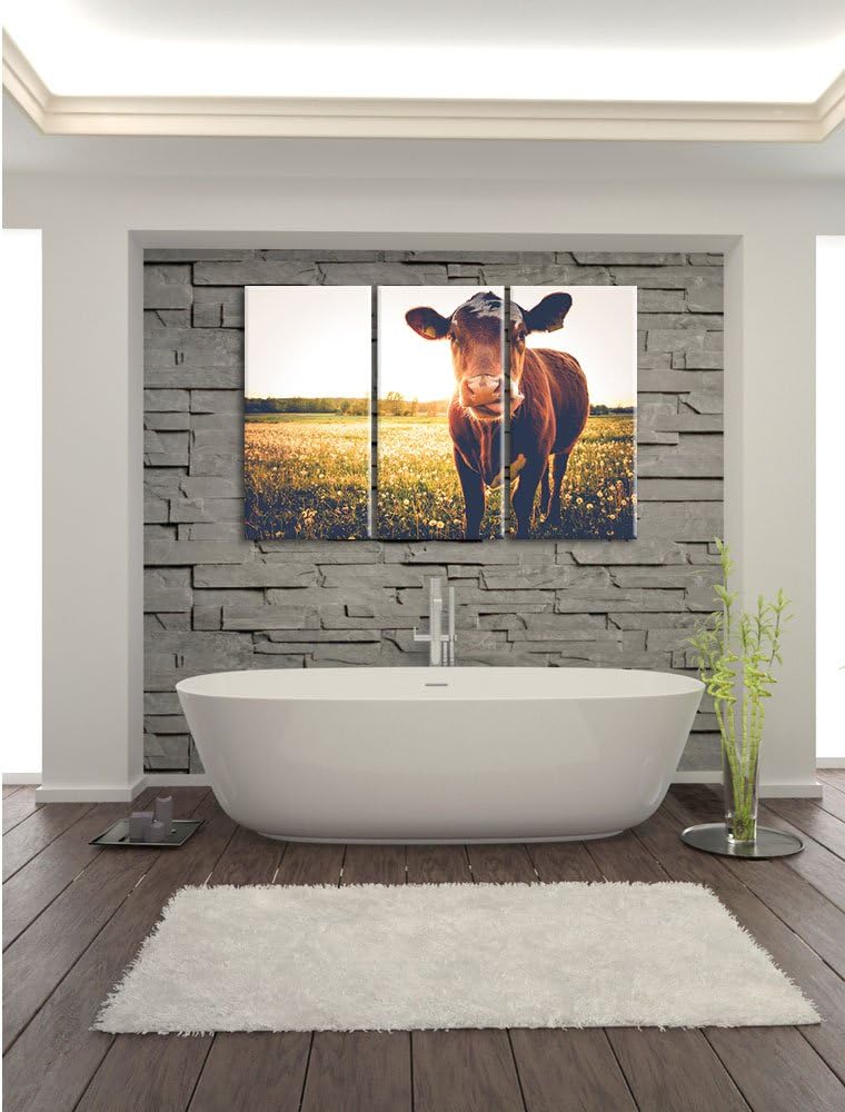 Pixxprint Kuh auf Butterblumenwiese als Leinwandbild/Grösse: 3 Teilig (120x80) / Wandbild/Kunstdruck