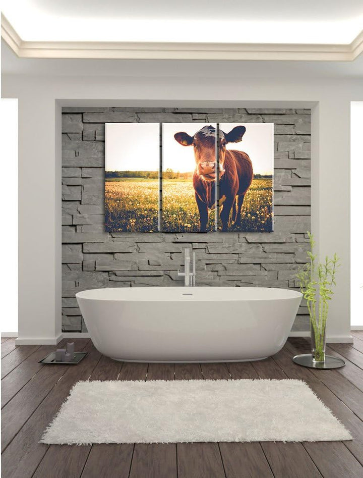 Pixxprint Kuh auf Butterblumenwiese als Leinwandbild/Grösse: 3 Teilig (120x80) / Wandbild/Kunstdruck