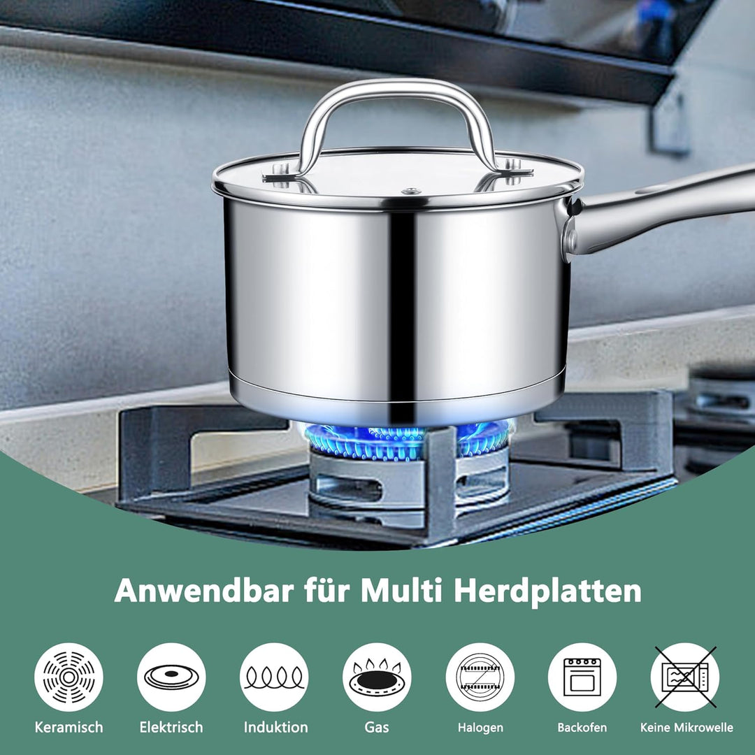 TEAMFAR Stielkasserolle 16cm, Edelstahl Milchtopf Kochtopf Induktion mit 3-Lagen Boden für alle Herd