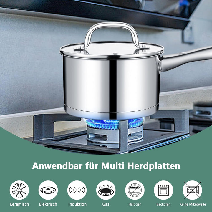 TEAMFAR Stielkasserolle 16cm, Edelstahl Milchtopf Kochtopf Induktion mit 3-Lagen Boden für alle Herd