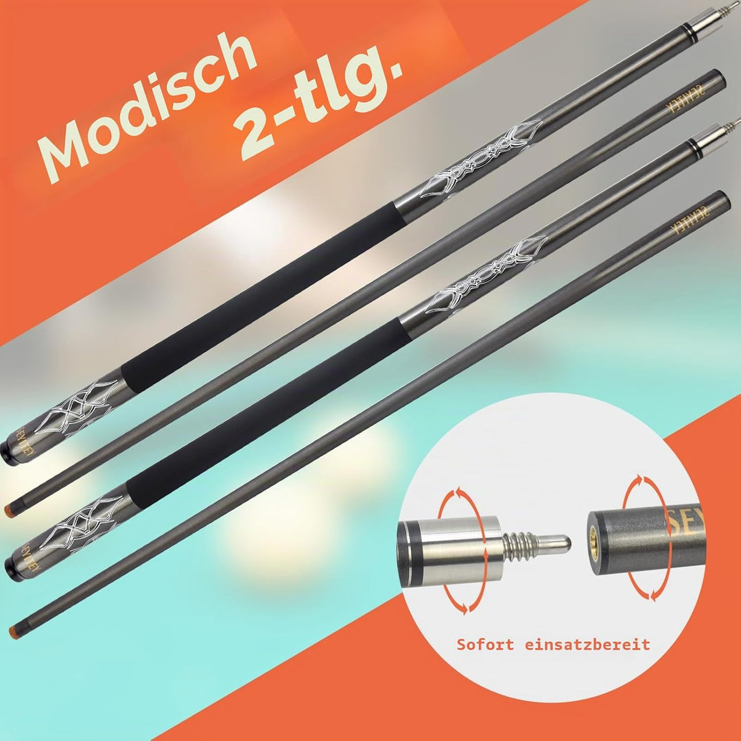 Professionelle Billardqueues, 147,7 cm, Carbon, langlebig, kleiner Kopf, Poolqueues, Billardstock, S