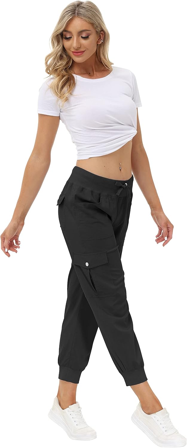JINSHI Hosen Damen Cargohose Lange Capri Freizeithose Outdoor Jogginghose High Waist mit Kordelzug X