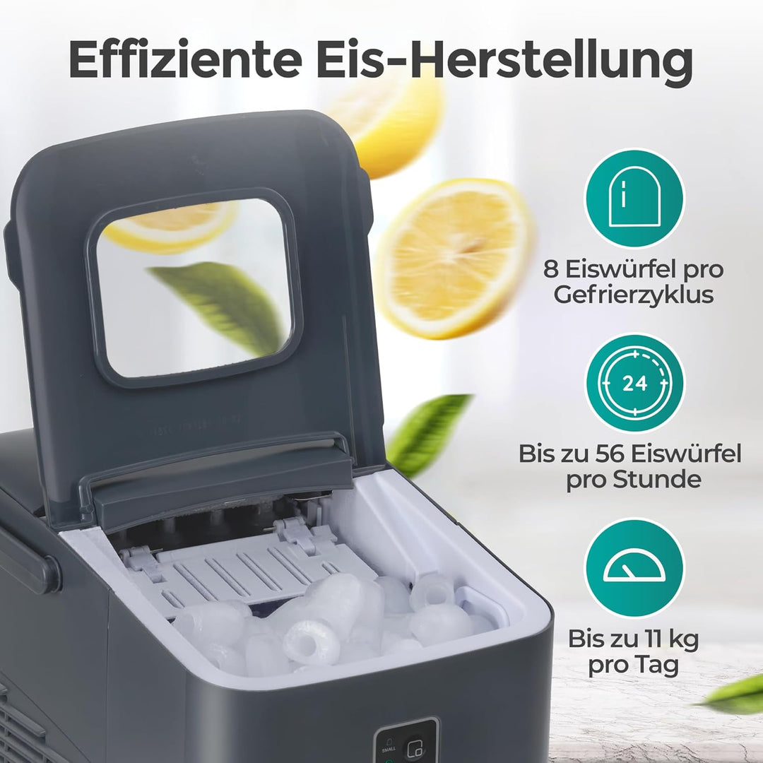KLAMER Eiswürfelmaschine klein (2025), 8 Eiswürfel in 8 Minuten, 11 kg Eiswürfel pro Tag, 2 Eiswürfe