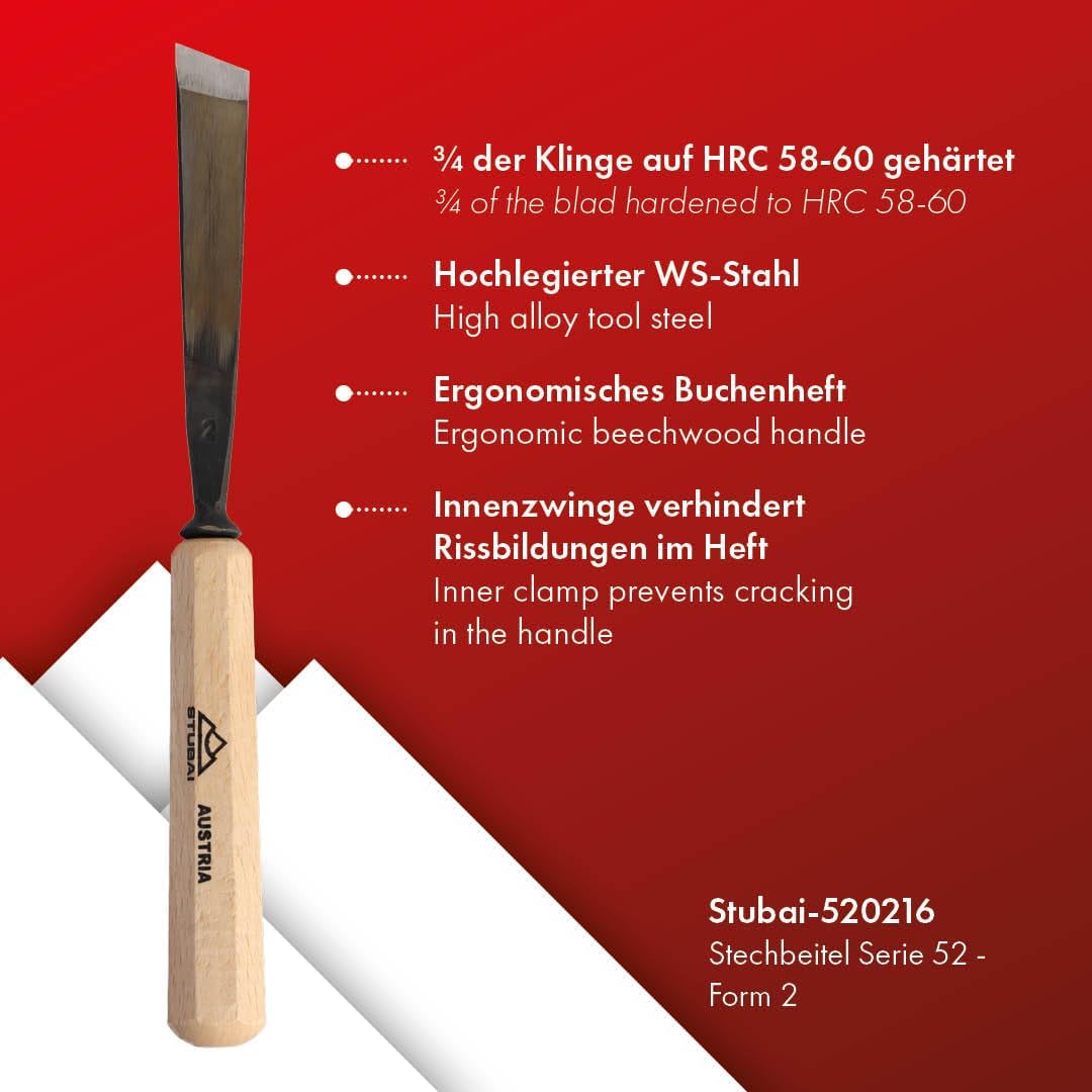 STUBAI Stemmeisen Stechbeitel Serie 52 - Form 2 | Gerades Balleisen, schräg - 16 mm, mit Holzgriff,