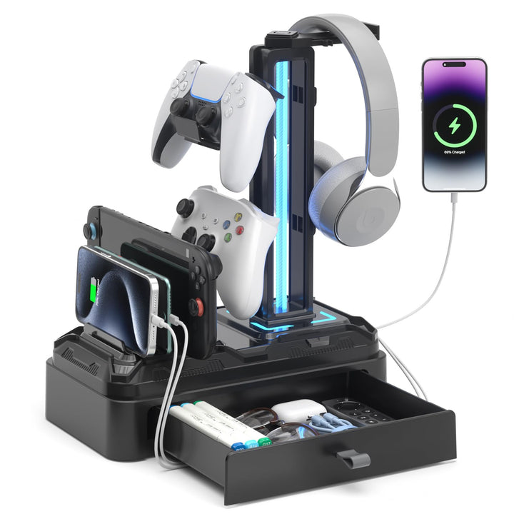KDD Gaming Kopfhörer Ständer Led mit USB A Typ-C Ladegeräten, Headset Halterung Tisch & Abnehmbar Co