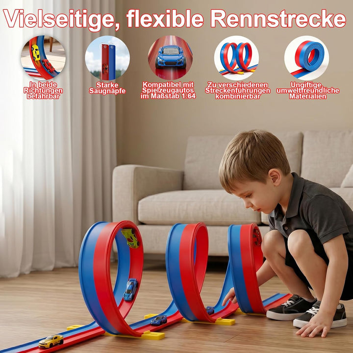 Flexible Autorennbahn Kinder - 5M Autorennbahn Spielzeug aus Silikon mit Saugnapf, 4 Spielzeugautos,