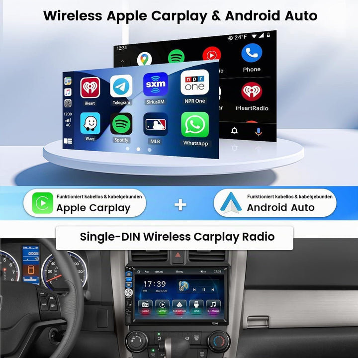 Hikity 1 Din Autoradio mit Wireless Carplay Android Auto 7 Zoll Touch Display Radio mit Bluetooth Fr