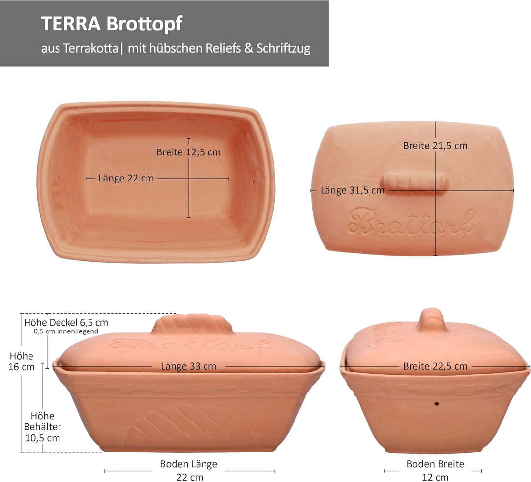 MamboCat Terra Brottopf aus Terrakotta I (LxB) 33x22,5cm I Ton-Brotkasten mit Deckel für Ihre Küche