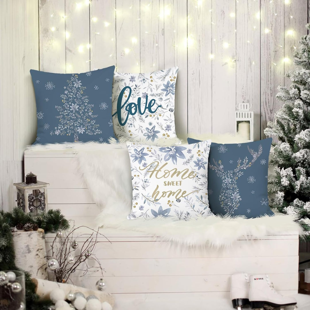 Bonhause 4er Set Kissenbezüge Winter 45 x 45 cm Samt Soft Blumen Blätter Graue Dekorative Kissenhüll