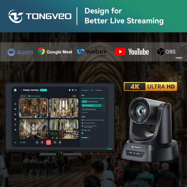 TONGVEO 4K AI PTZ-Kamera mit Auto-Tracking und 20-fachem optischem Zoom, Konferenzkamera mit HDMI/US
