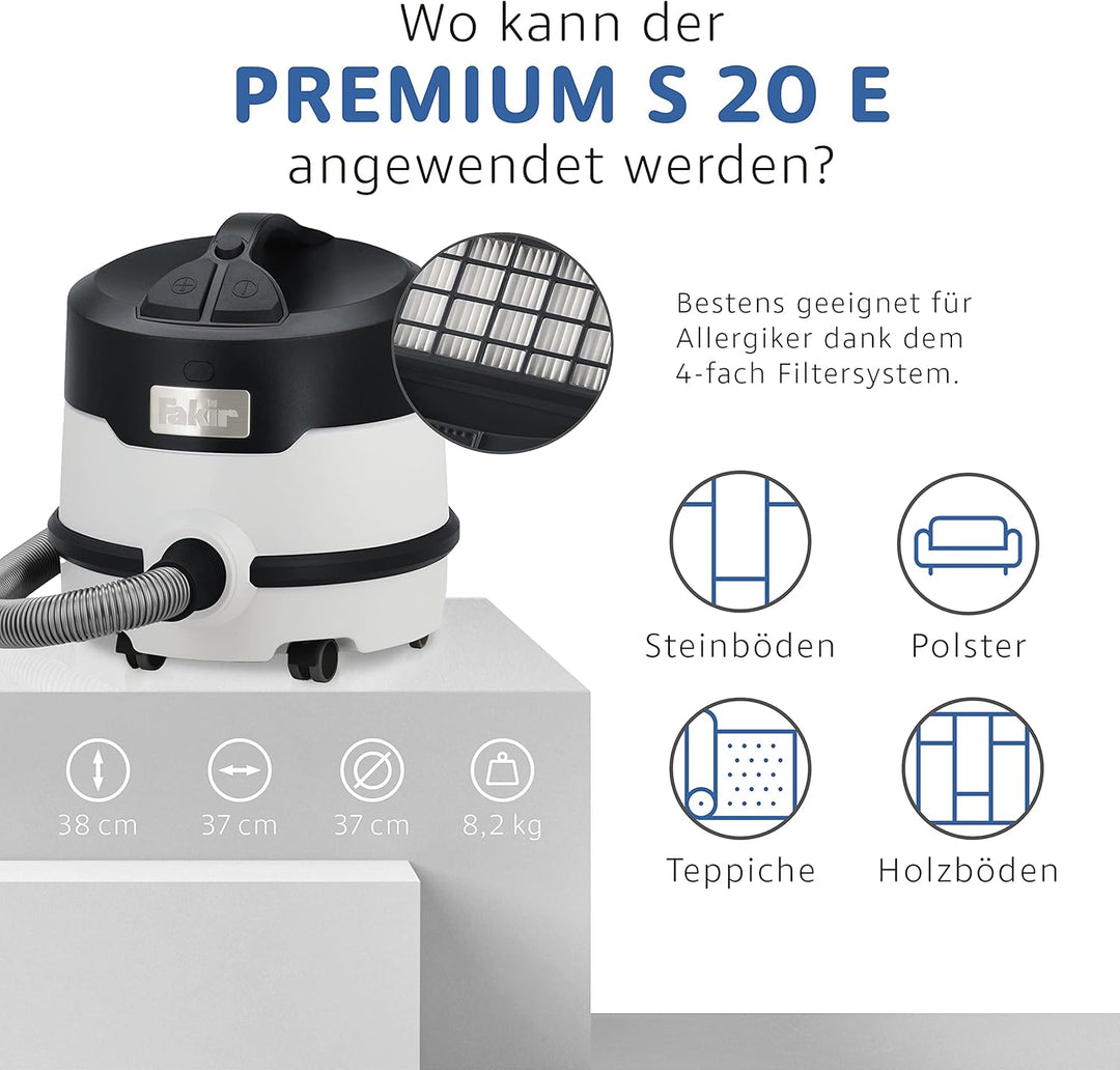 Fakir Premium S 20 E - Kesseltrockensauger mit 4-fach-Filtersystem I Sehr leiser Staubsauger mit HEP