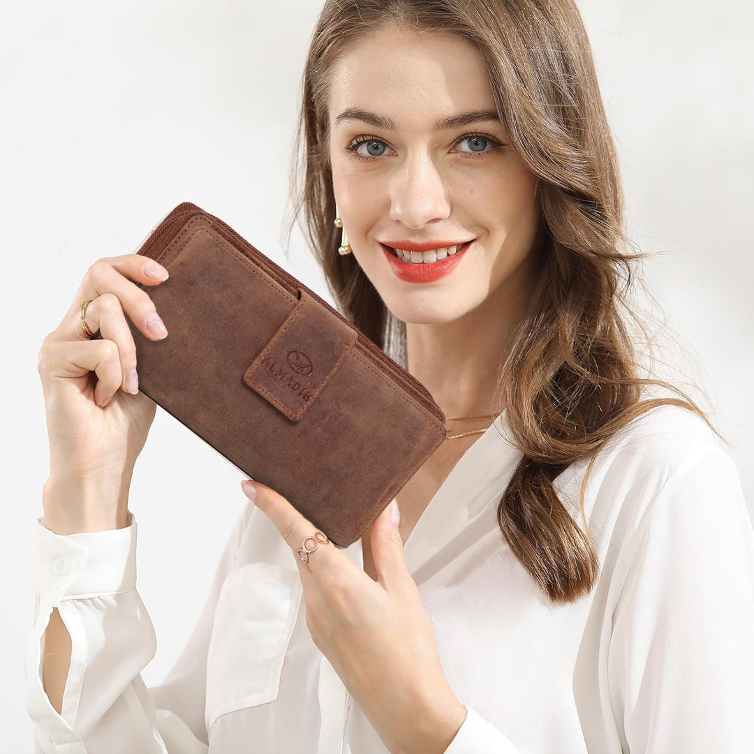 RFID Damen Leder Geldbörse Braun Vintage mit 26 Kartenfächer - MILA Grosse Damen Portemonnaie 7 Eins