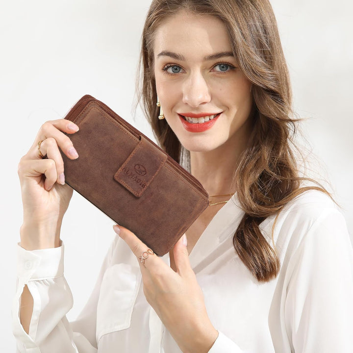 RFID Damen Leder Geldbörse Braun Vintage mit 26 Kartenfächer - MILA Grosse Damen Portemonnaie 7 Eins