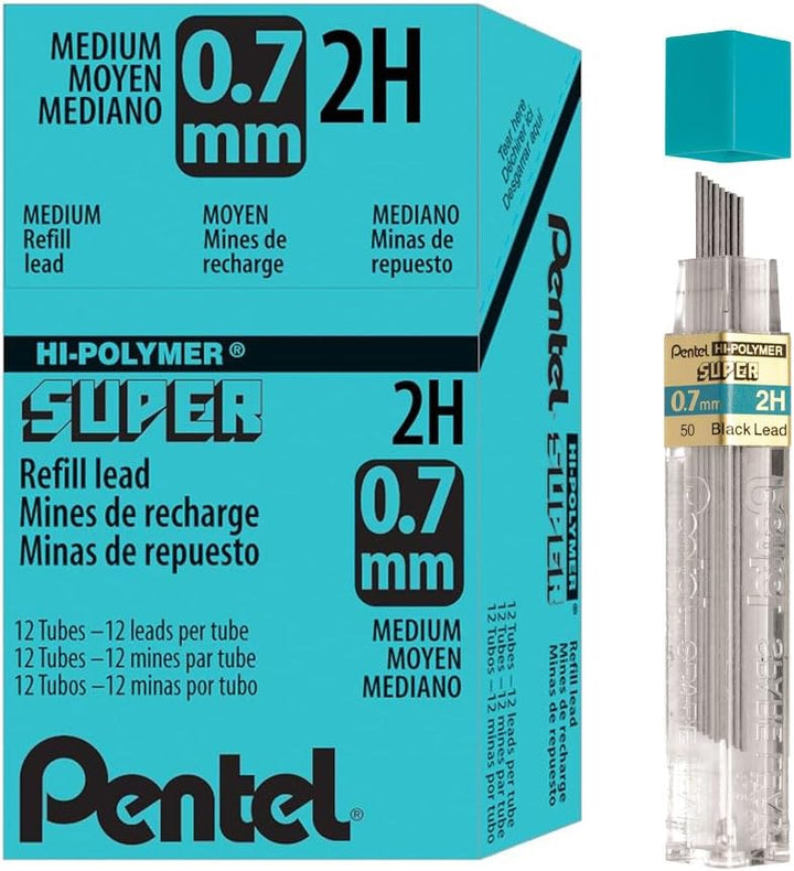 Pentel – Sich Hi-Polymer, 0,7 mm, Medium, 2H, 12/Pk, schwarz, verkauft als 1 Tube, Stift 502H