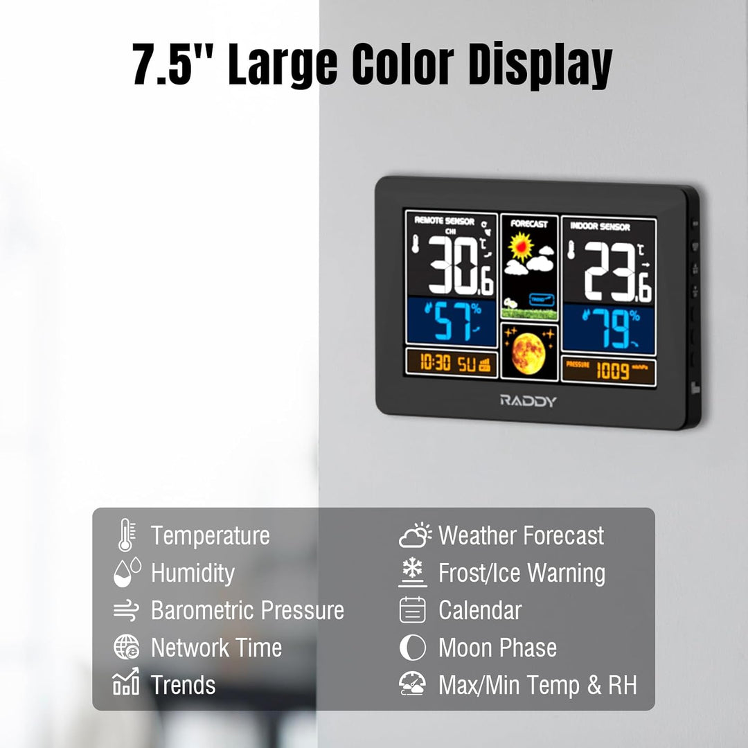 Raddy N75 Wi-Fi Wetterstation mit Aussensensor, 7,5" Funk-Wetterstation, Innen und Aussen Wettervorh