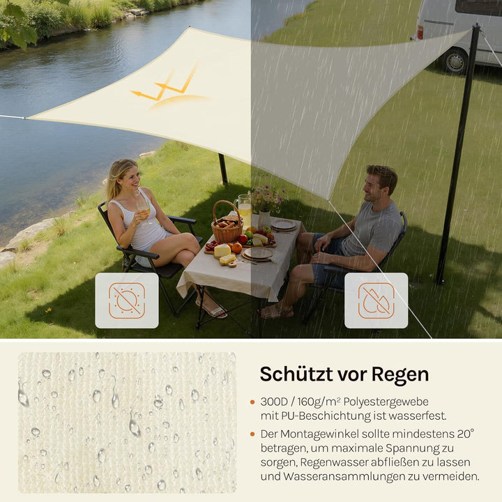 WOLTU Sonnensegel Quadrat 2x2m Creme wasserabweisend Sonnenschutz Polyester Windschutz mit UV Schutz