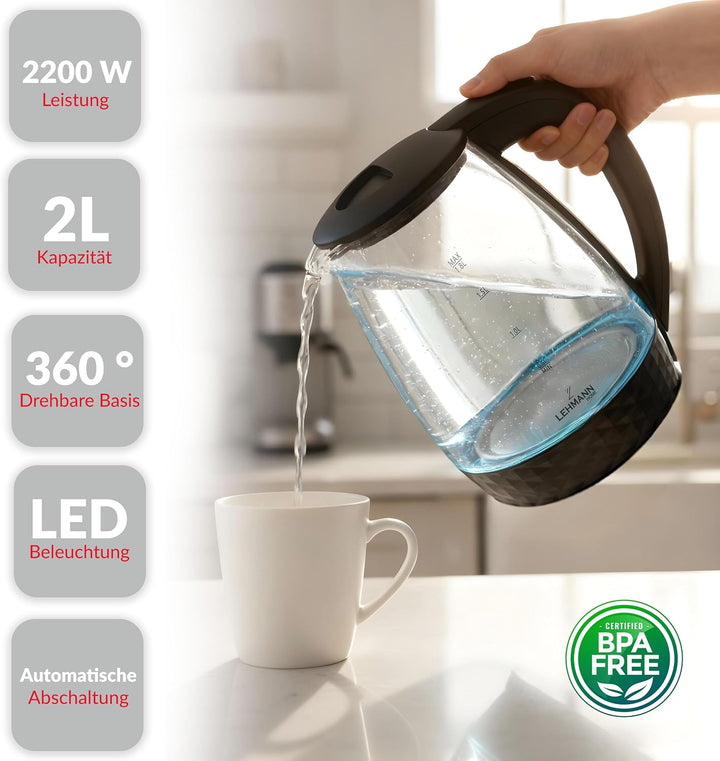 Lehmann LHOEK-2220C Glas-Wasserkocher für die Küche 2L, 2200W elektrischer Wasserkocher aus Glas, Wa