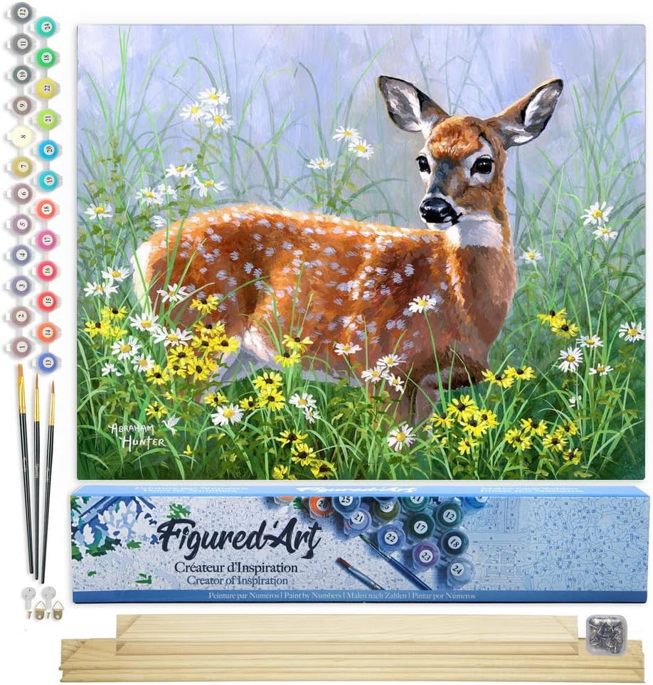 Figured'Art Malen Nach Zahlen Erwachsene Mit Rahmen Reh auf der Wiese - Paint by Numbers Basteln DIY