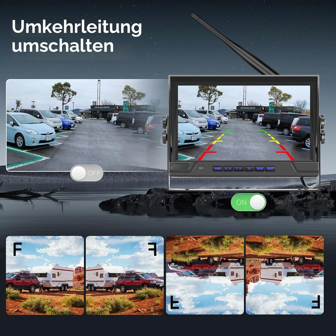 Hodozzy 9 Zoll IPS Monitor Digitales Kabellos Rückfahrkamera Set, mit Toter-Winkel-Warnung, Wasserdi