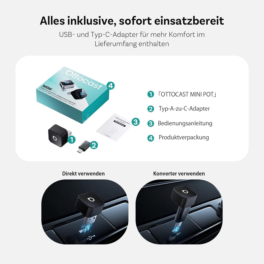 OTTOCAST Mini Pot 2025 Upgraded, 2-in-1 CarPlay & Android Auto Wireless Adapter für iOS 10+/Android