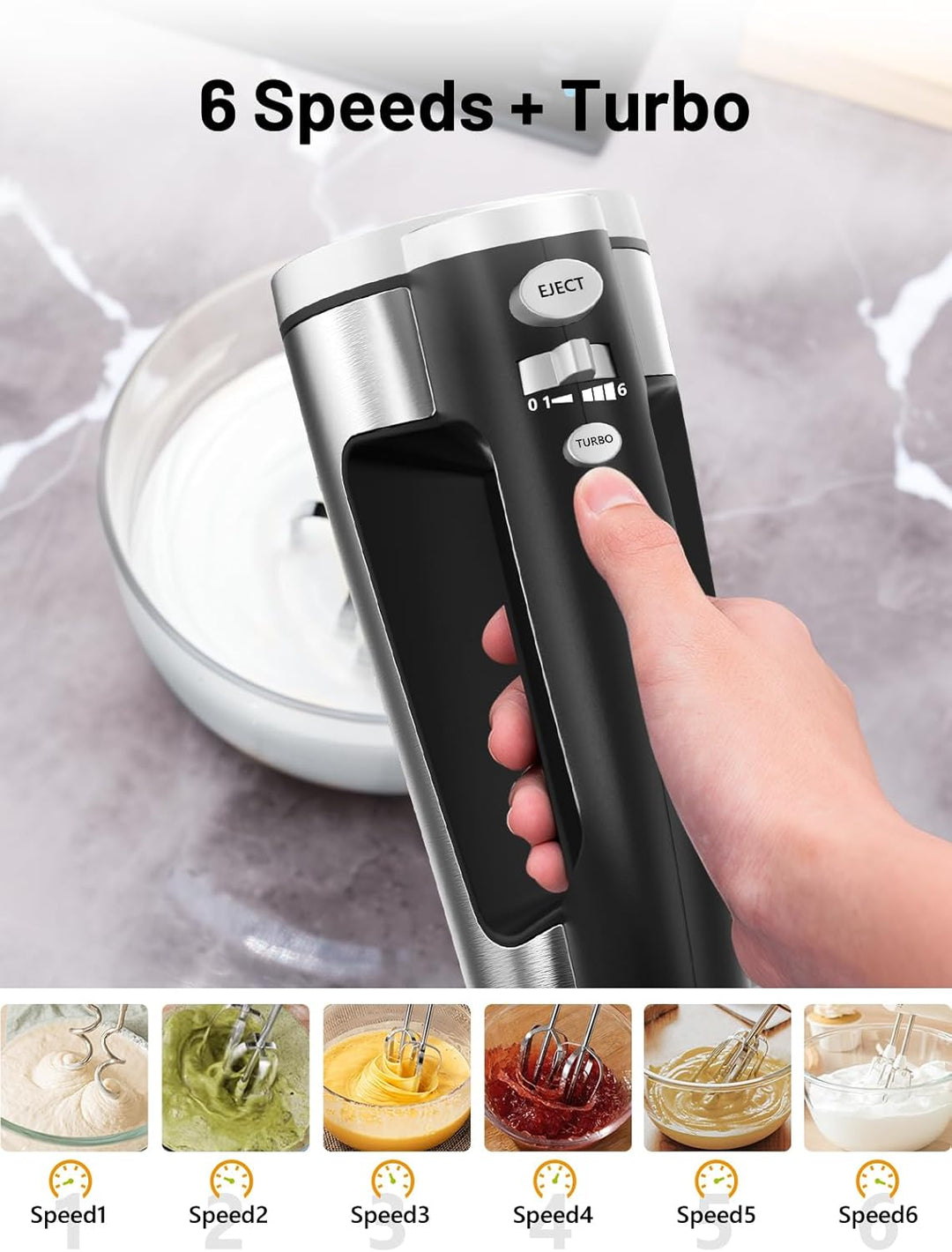 VINATO Elektrischer Handmixer, 300 Watt Handrührgerät mit 5 Geschwindigkeitsstufen, Handrührer mit 2