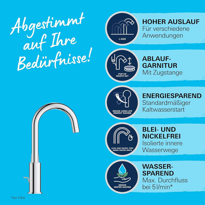 GROHE Swift - Einhand- Waschtischarmatur (wassersparend, L- Size, inkl. Montagewerkzeug, Zugstangen-