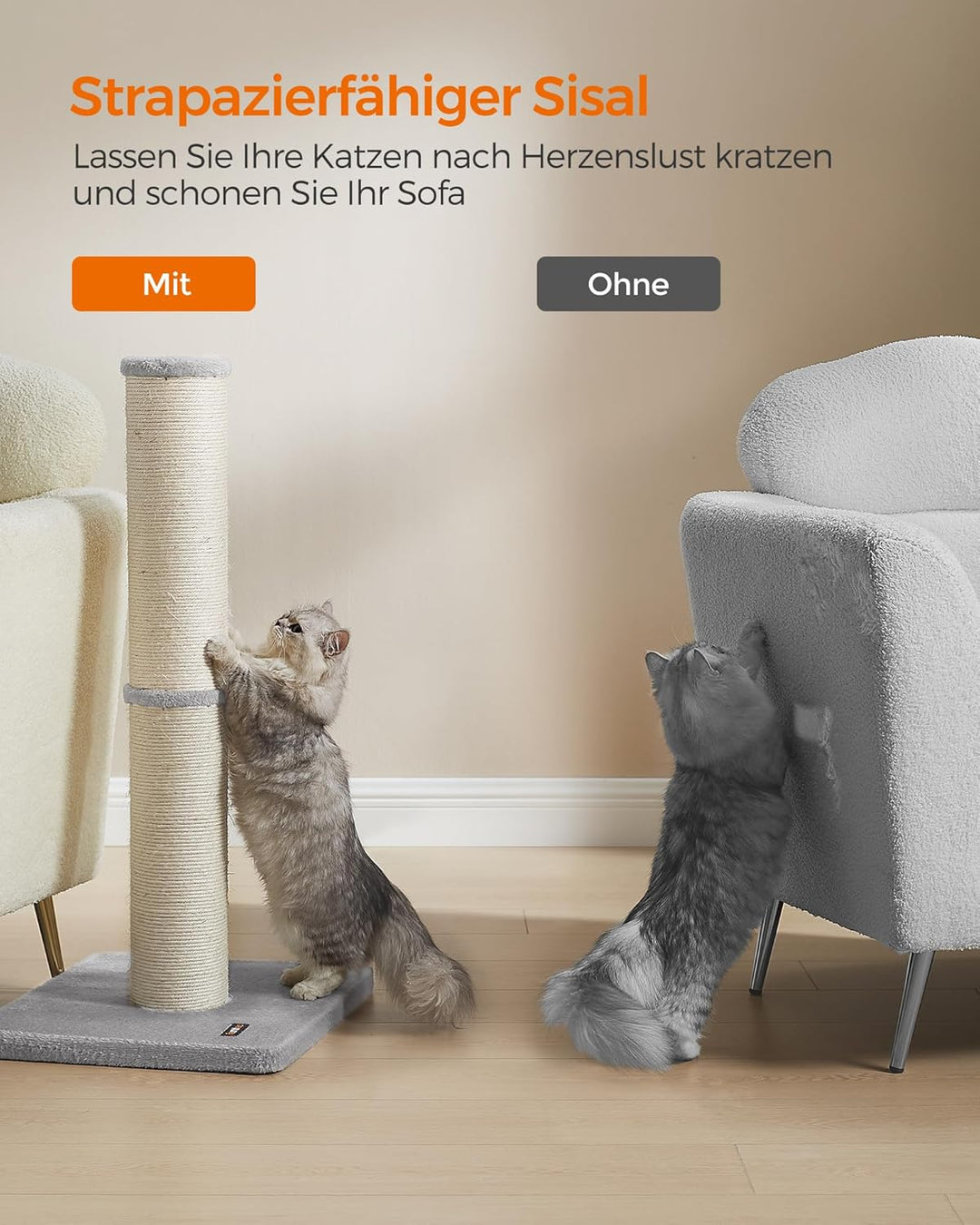 Feandrea Kratzbaum, 85 cm hoch, Kratzsäule XL, 13 cm Dicker Stamm, Katzenbaum, Kratzstamm für mittel