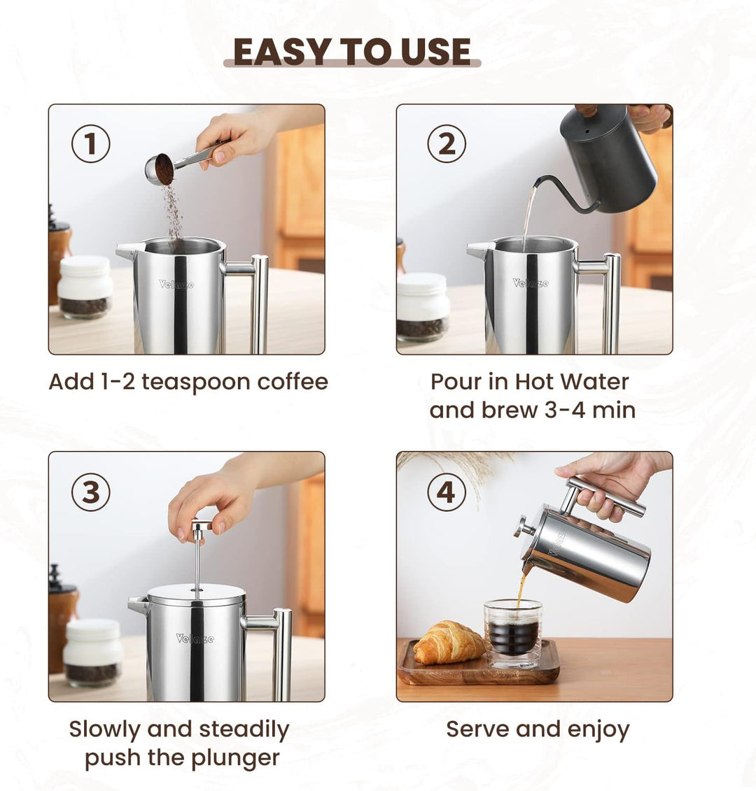 Velaze French Press Edelstahl Kaffeebereiter, 350ML Kaffeezubereiter für 2-3 Tassen, Doppelwandige F
