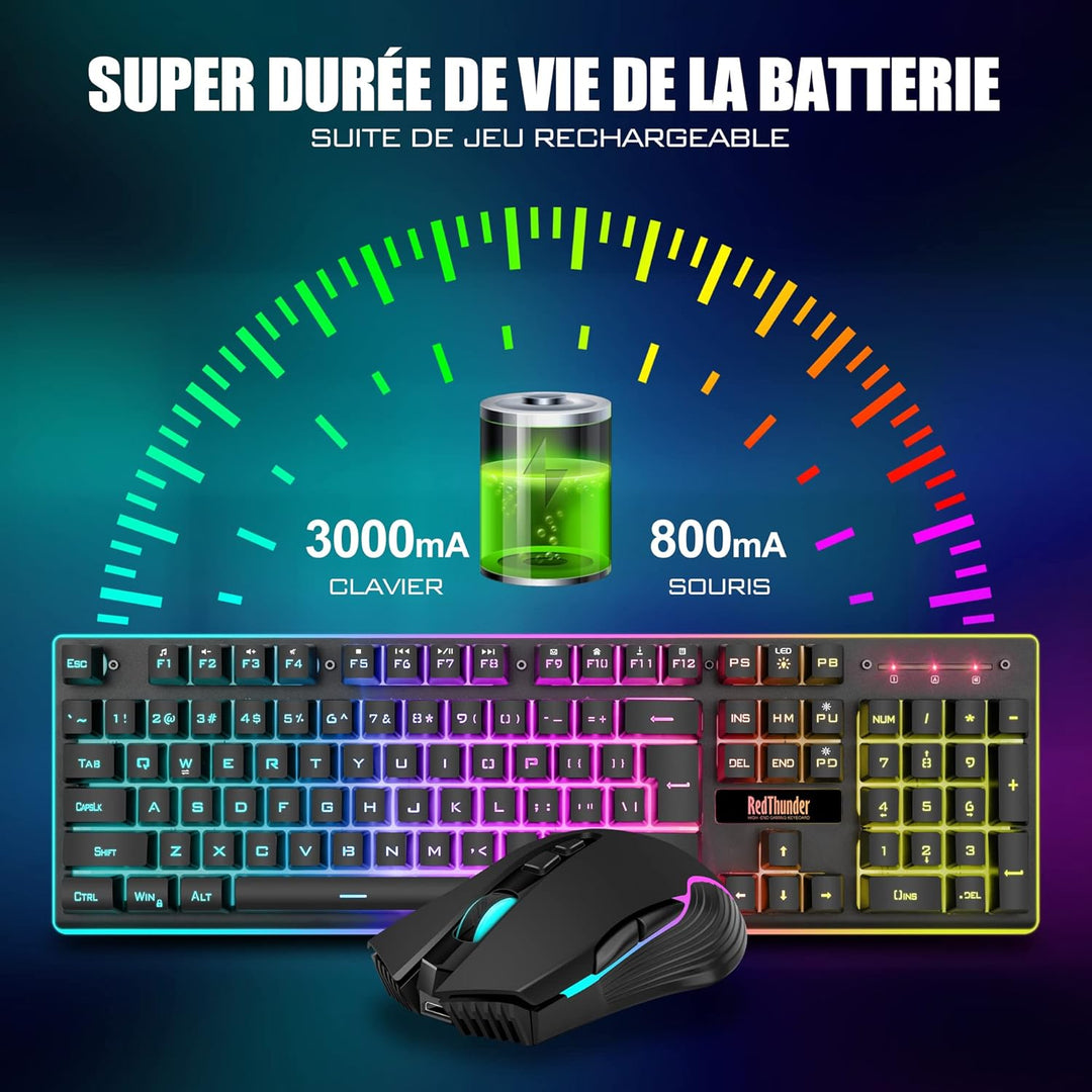 RedThunder K10 Tastatur und Maus kabellos, AZERTY FRANZAIS, Schwarz