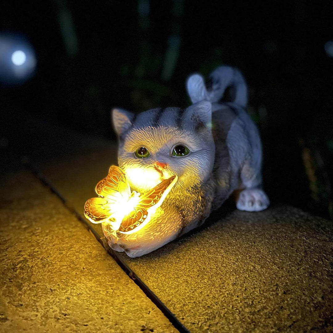 Katzenfigur Garten Deko Katze Gartendeko Schmetterlinge Solarlampen für Aussen Balkon Gartendekorati