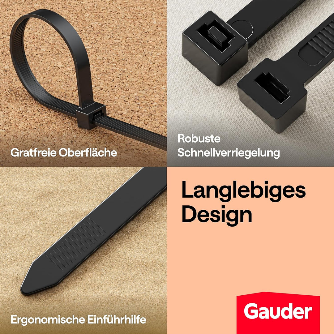GAUDER Kabelbinder schwarz (80 kg Zugfestigkeit) - Extra starke und lange Kabelbinder für Kabelmanag