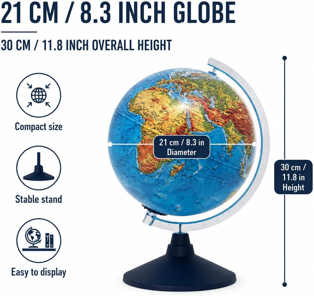 EXERZ 21cm Leuchtglobus/Beleuchteter Globus Mit Kabelfreier LED-Beleuchtung - Englische Karte - Phys