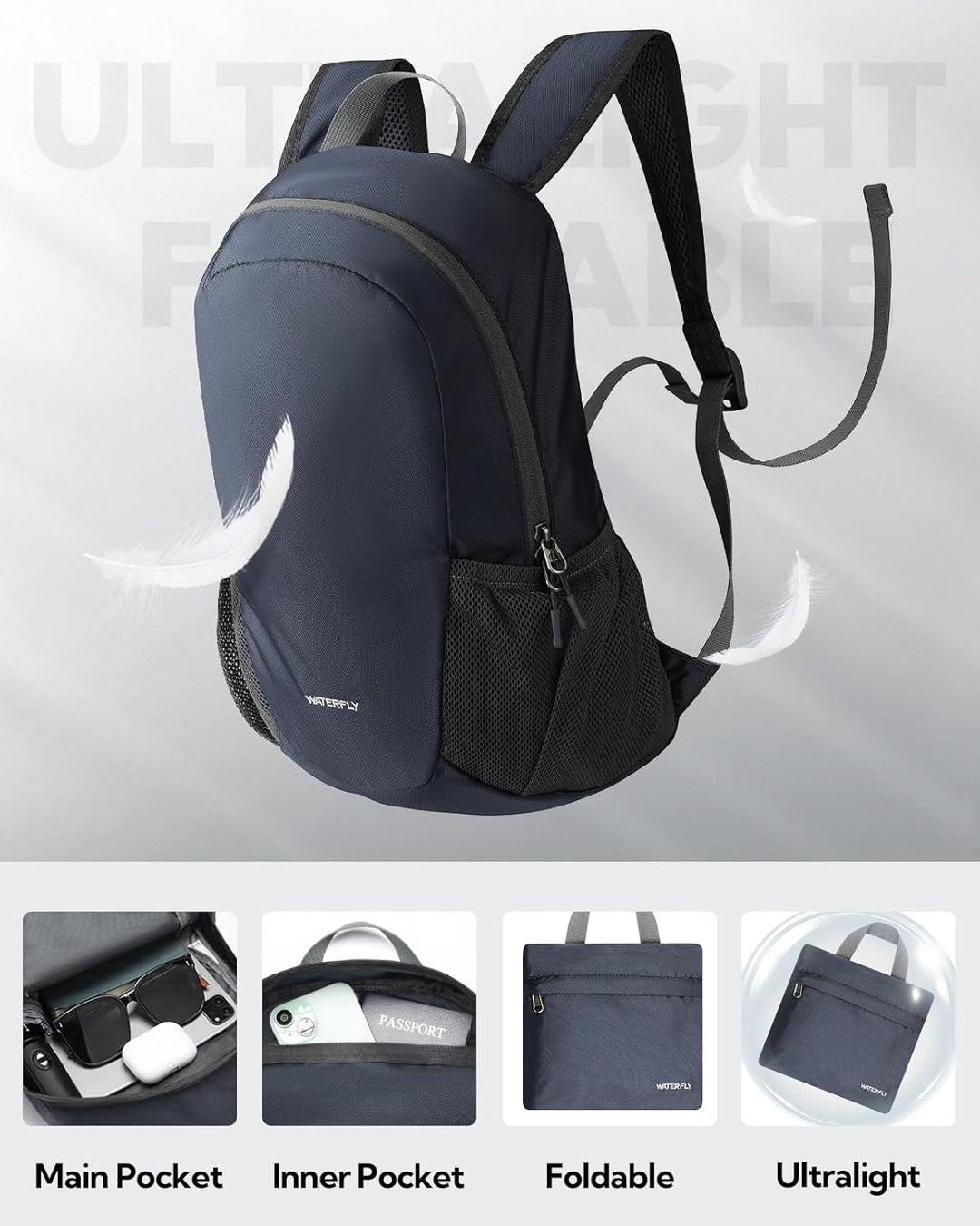 WATERFLY Ultraleicht Rucksack Faltbar 18L: Klein Packable Wanderrucksack Leicht Dünner Tagesrucksack
