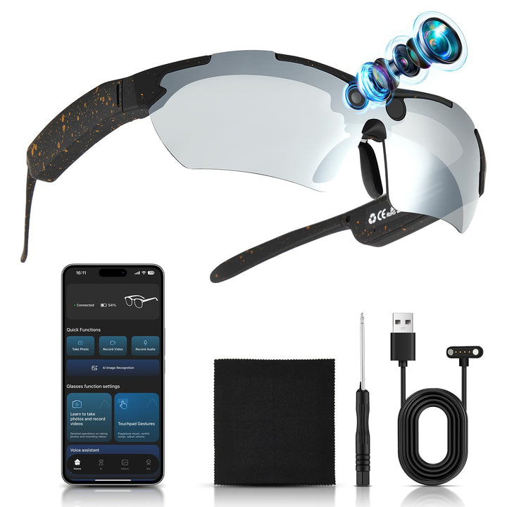 AI Smart Glasses with Camera,Sportbrille mit Kamera, Mini Action Kamera,1080P HD Kleine Videokamera